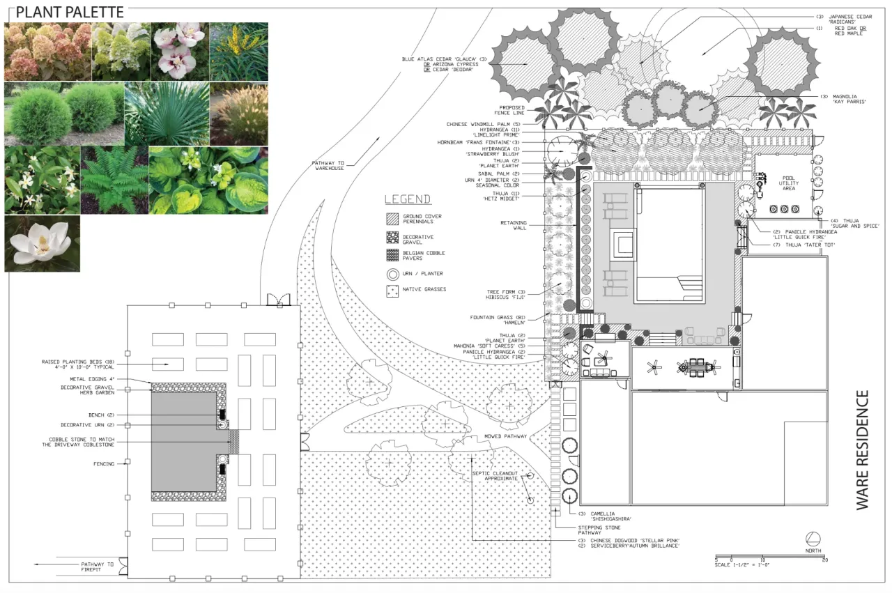 A landscape master plan drawing showing the plant palette, legend and labeled planting beds for a whole property